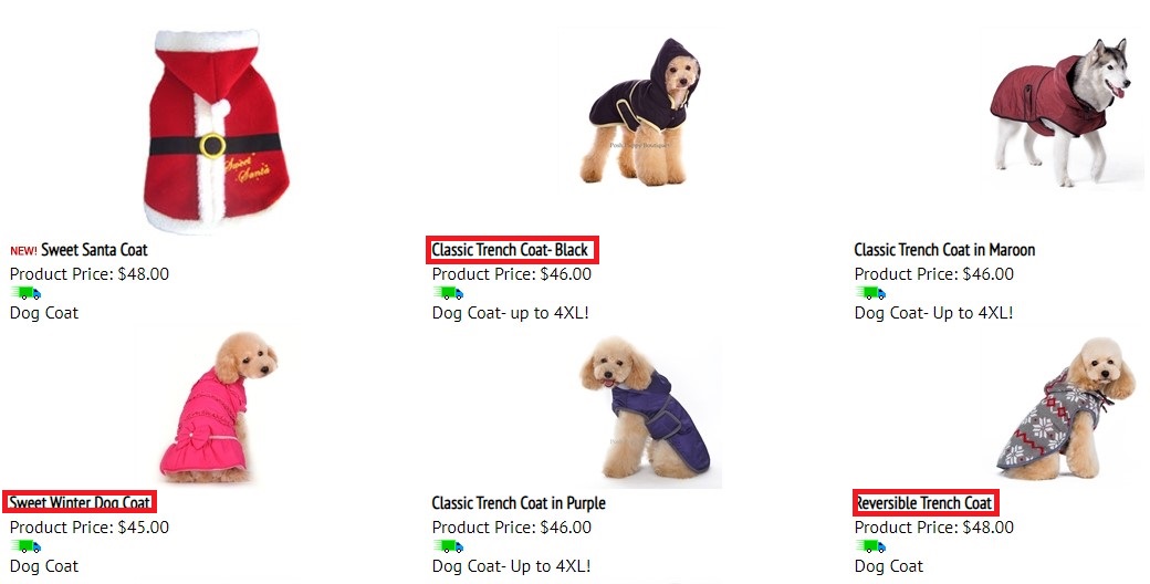 Highlighted possible keywords on eCommerce site for dog products